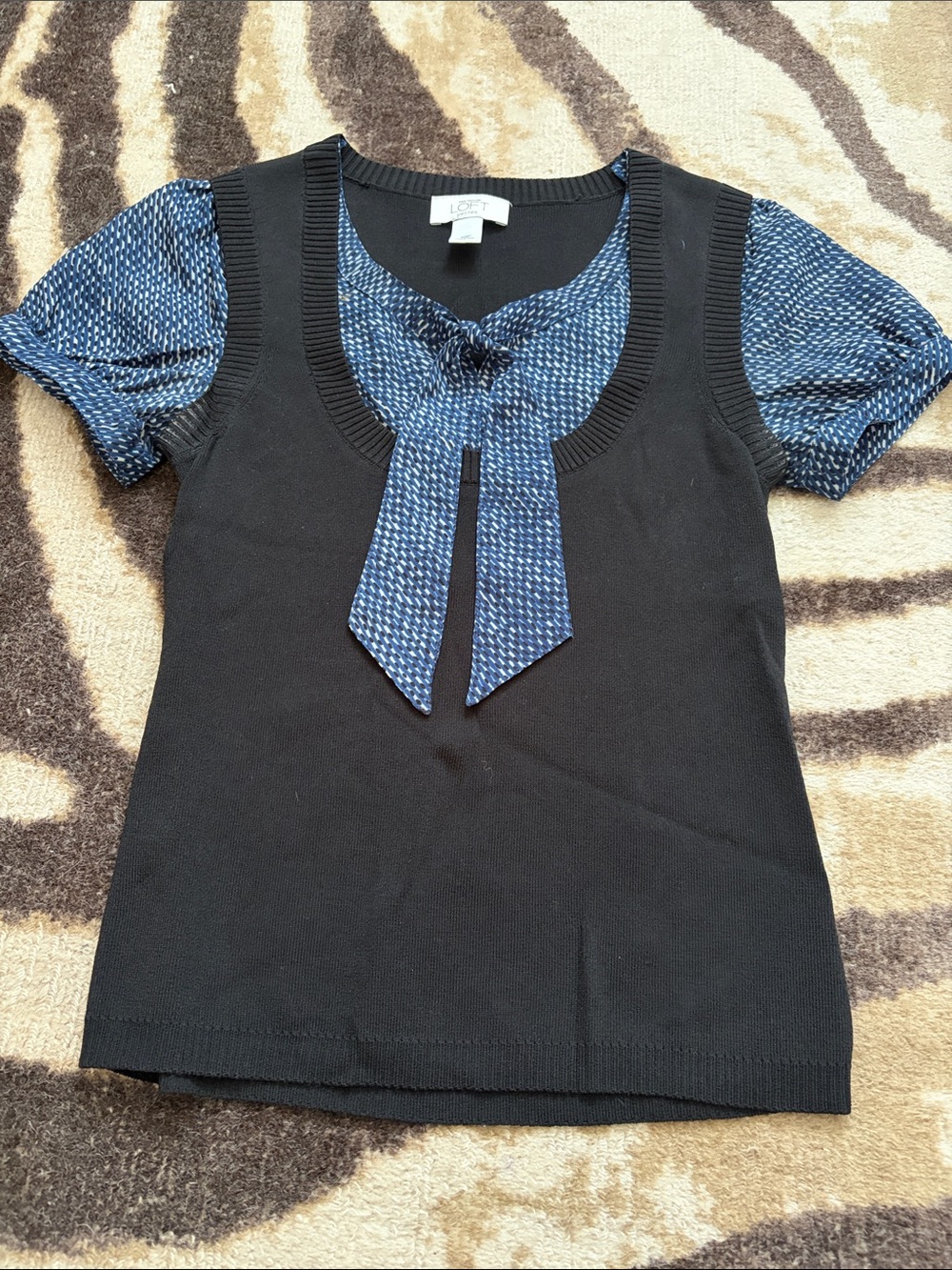 LOFT Black Knit Top with Blue Tie-Neck and Short Sleeves